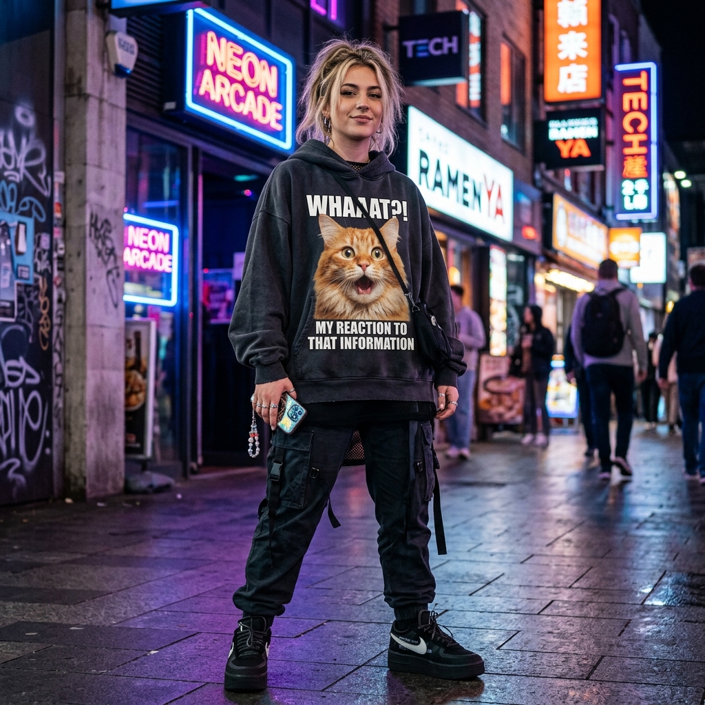 Gen Z model wearing shocked cat meme hoodie