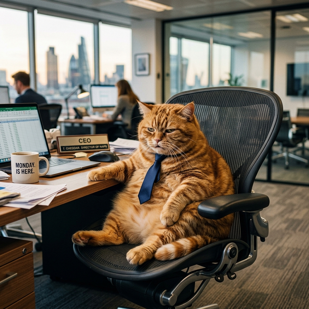 Slump the CEO, a tired orange tabby cat