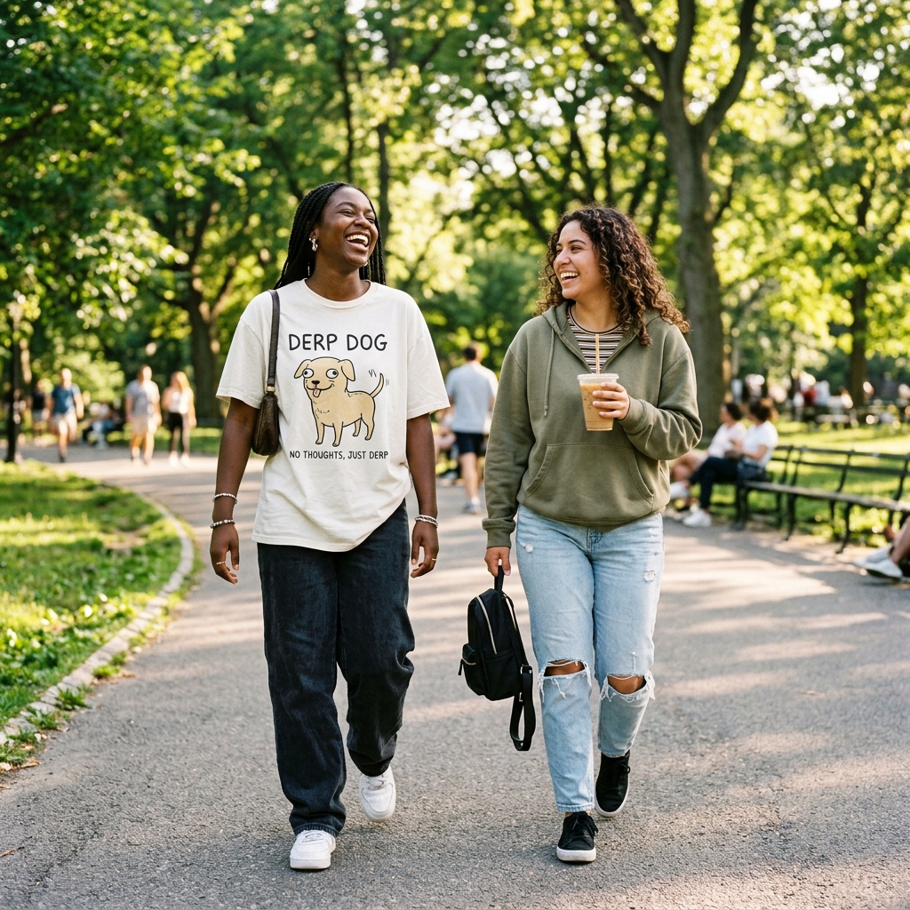 Friends laughing at dog park in meme t-shirt