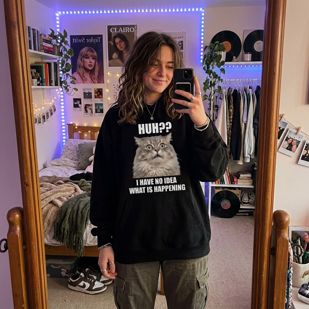 Gen Z mirror selfie wearing cat meme hoodie