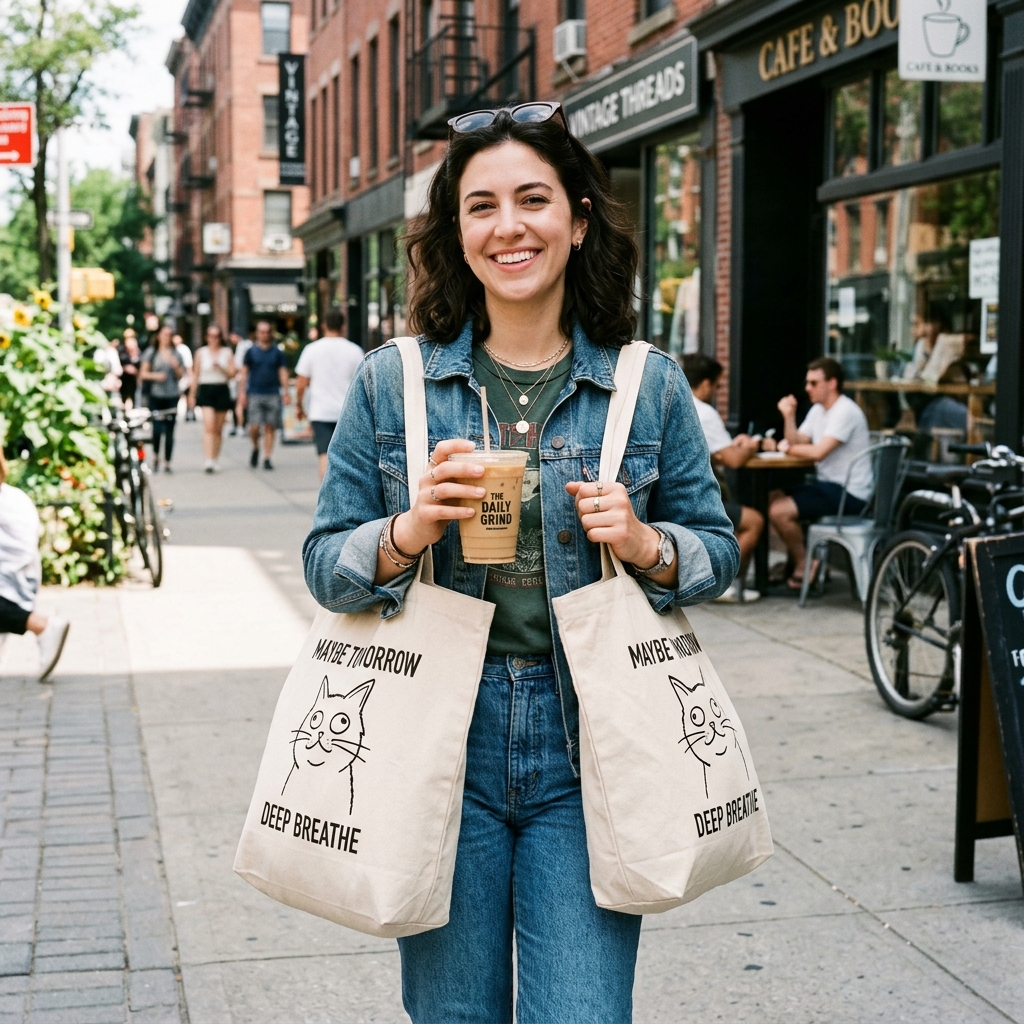 Millennial with cat tote bag